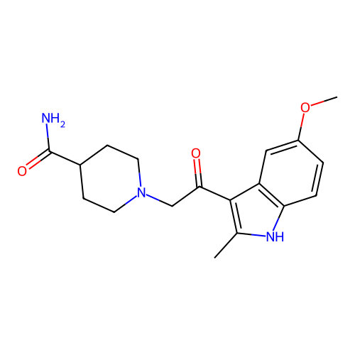 1-[2-(5-methoxy-2-methyl-1H-indol-3-yl)-2-oxoethyl]piperidine-4-carboxamide structure