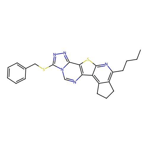 3-(benzylthio)-10-butyl-8,9-dihydro-7H-cyclopenta[4',5']pyrido[3',2':4,5]thieno[2,3-e][1,2,4]triazolo[4,3-c]pyrimidine structure