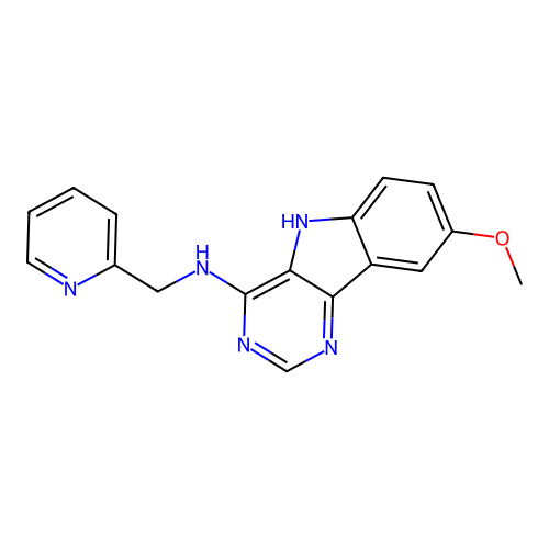 8-methoxy-N-(pyridin-2-ylmethyl)-5H-pyrimido[5,4-b]indol-4-amine structure