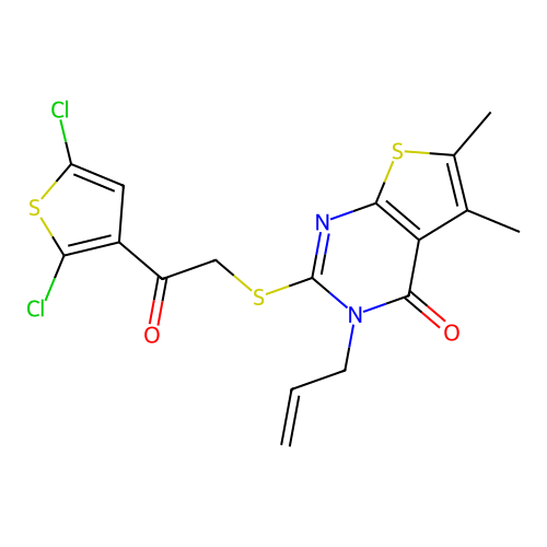 3-allyl-2-((2-(2,5-dichlorothiophen-3-yl)-2-oxoethyl)thio)-5,6-dimethylthieno[2,3-d]pyrimidin-4(3H)-one structure