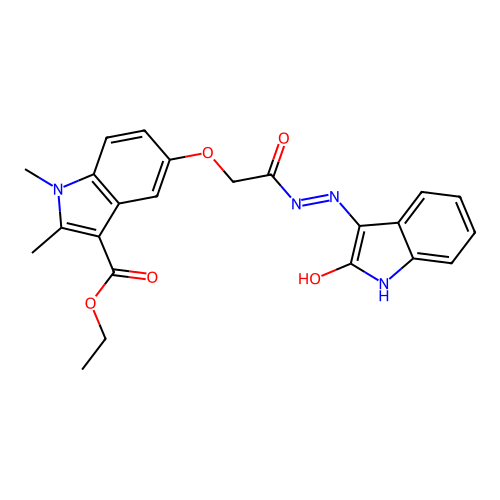 Ethyl 1,2-dimethyl-5-[[(2-oxoindol-3-yl)amino]carbamoylmethoxy]indole-3-carboxylate structure
