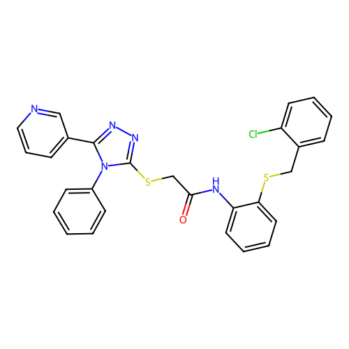 N-(2-((2-chlorobenzyl)thio)phenyl)-2-((4-phenyl-5-(pyridin-3-yl)-4H-1,2,4-triazol-3-yl)thio)acetamide structure
