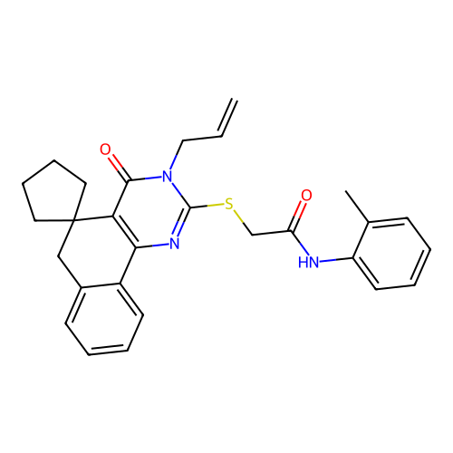 2-((3-allyl-4-oxo-4,6-dihydro-3H-spiro[benzo[h]quinazoline-5,1'-cyclopentan]-2-yl)thio)-N-(o-tolyl)acetamide structure