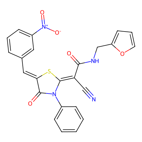 (2Z)-2-cyano-N-(furan-2-ylmethyl)-2-[(5Z)-5-(3-nitrobenzylidene)-4-oxo-3-phenyl-1,3-thiazolidin-2-ylidene]ethanamide structure
