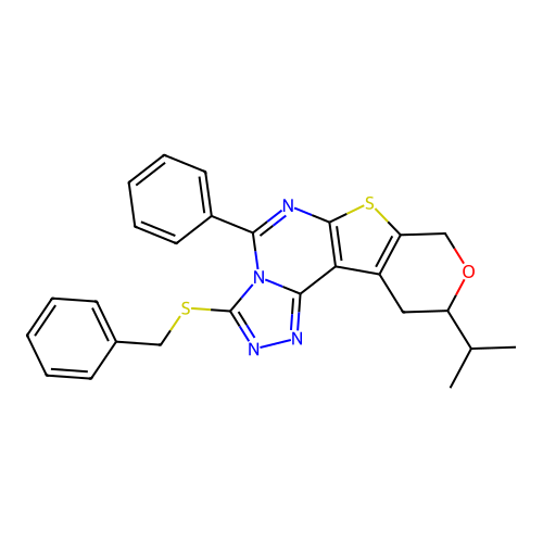 3-(benzylsulfanyl)-5-phenyl-10-(propan-2-yl)-10,11-dihydro-8H-pyrano[4',3':4,5]thieno[3,2-e][1,2,4]triazolo[4,3-c]pyrimidine structure