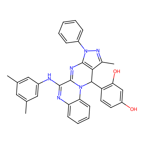 4-(6-((3,5-dimethylphenyl)amino)-10-methyl-8-phenyl-8,11-dihydropyrazolo[3',4':4,5]pyrimido[1,2-a]quinoxalin-11-yl)benzene-1,3-diol structure