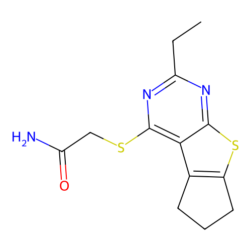 2-((2-ethyl-6,7-dihydro-5H-cyclopenta[4,5]thieno[2,3-d]pyrimidin-4-yl)thio)acetamide structure