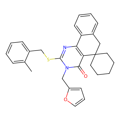 3-(furan-2-ylmethyl)-2-((2-methylbenzyl)thio)-3H-spiro[benzo[h]quinazoline-5,1'-cyclohexan]-4(6H)-one structure