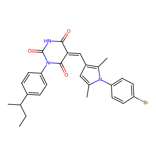 (5Z)-5-[[1-(4-bromophenyl)-2,5-dimethylpyrrol-3-yl]methylidene]-1-(4-butan-2-ylphenyl)-1,3-diazinane-2,4,6-trione structure