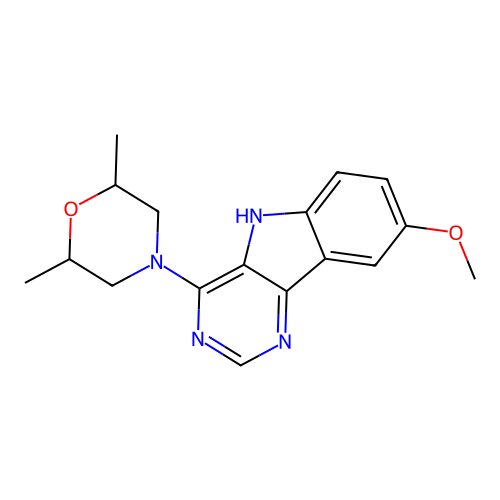 4-(8-methoxy-5H-pyrimido[5,4-b]indol-4-yl)-2,6-dimethylmorpholine structure