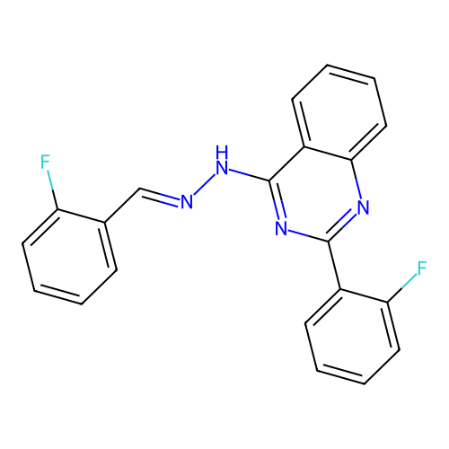 4-[(2E)-2-(2-fluorobenzylidene)hydrazinyl]-2-(2-fluorophenyl)quinazoline structure