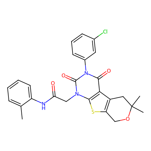 2-(3-(3-chlorophenyl)-6,6-dimethyl-2,4-dioxo-2,3,4,5,6,8-hexahydro-1H-pyrano[4',3':4,5]thieno[2,3-d]pyrimidin-1-yl)-N-(o-tolyl)acetamide structure