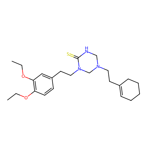 5-(2-(cyclohex-1-en-1-yl)ethyl)-1-(3,4-diethoxyphenethyl)-1,3,5-triazinane-2-thione structure