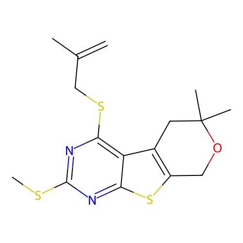 6,6-dimethyl-4-((2-methylallyl)thio)-2-(methylthio)-6,8-dihydro-5H-pyrano[4',3':4,5]thieno[2,3-d]pyrimidine structure