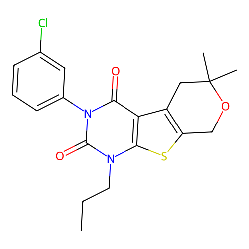 3-(3-chlorophenyl)-6,6-dimethyl-1-propyl-1,5,6,8-tetrahydro-2H-pyrano[4',3':4,5]thieno[2,3-d]pyrimidine-2,4(3H)-dione structure
