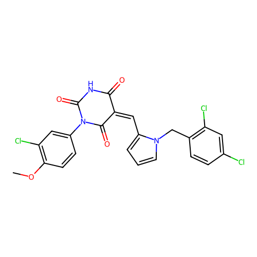 (5Z)-1-(3-chloro-4-methoxyphenyl)-5-[[1-[(2,4-dichlorophenyl)methyl]pyrrol-2-yl]methylidene]-1,3-diazinane-2,4,6-trione structure