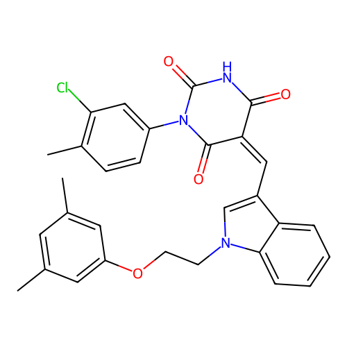 (5Z)-1-(3-chloro-4-methylphenyl)-5-({1-[2-(3,5-dimethylphenoxy)ethyl]-1H-indol-3-yl}methylidene)pyrimidine-2,4,6(1H,3H,5H)-trione structure