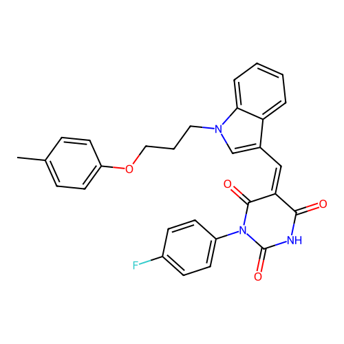 (5Z)-1-(4-fluorophenyl)-5-({1-[3-(4-methylphenoxy)propyl]-1H-indol-3-yl}methylidene)pyrimidine-2,4,6(1H,3H,5H)-trione structure