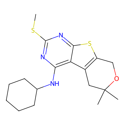 N-cyclohexyl-6,6-dimethyl-2-(methylsulfanyl)-5,8-dihydro-6H-pyrano[4',3':4,5]thieno[2,3-d]pyrimidin-4-amine structure