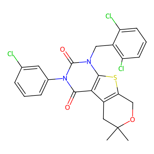 3-(3-chlorophenyl)-1-(2,6-dichlorobenzyl)-6,6-dimethyl-5,6-dihydro-1H-pyrano[4',3':4,5]thieno[2,3-d]pyrimidine-2,4(3H,8H)-dione structure