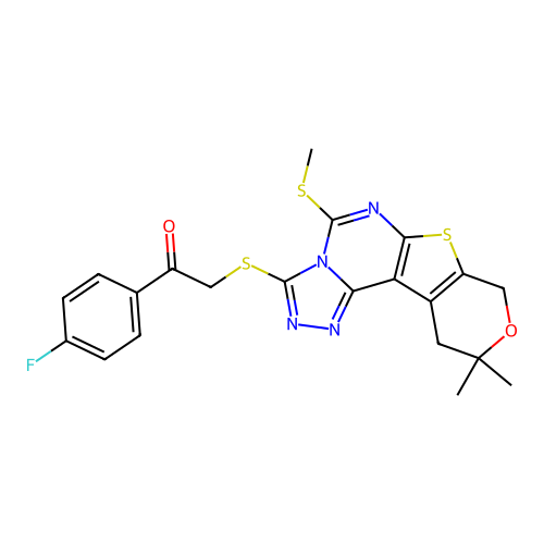 2-((10,10-dimethyl-5-(methylthio)-10,11-dihydro-8H-pyrano[4',3':4,5]thieno[3,2-e][1,2,4]triazolo[4,3-c]pyrimidin-3-yl)thio)-1-(4-fluorophenyl)ethanone structure