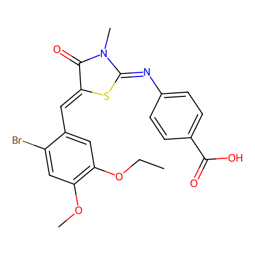 4-((E)-((Z)-5-(2-bromo-5-ethoxy-4-methoxybenzylidene)-3-methyl-4-oxothiazolidin-2-ylidene)amino)benzoic acid structure