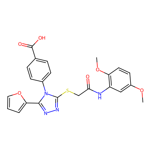 4-(3-((2-((2,5-dimethoxyphenyl)amino)-2-oxoethyl)thio)-5-(furan-2-yl)-4H-1,2,4-triazol-4-yl)benzoic acid structure