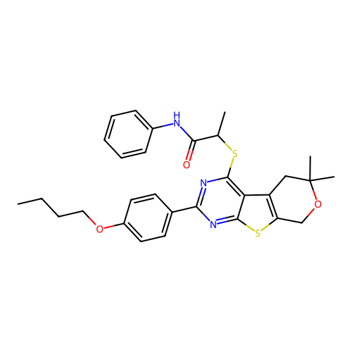 2-((2-(4-butoxyphenyl)-6,6-dimethyl-6,8-dihydro-5H-pyrano[4',3':4,5]thieno[2,3-d]pyrimidin-4-yl)thio)-N-phenylpropanamide structure