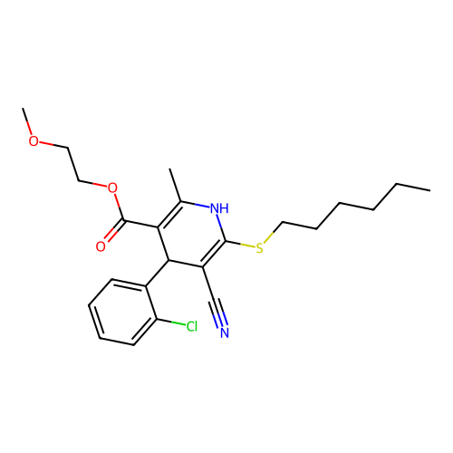 2-methoxyethyl 4-(2-chlorophenyl)-5-cyano-6-(hexylsulfanyl)-2-methyl-1,4-dihydropyridine-3-carboxylate structure