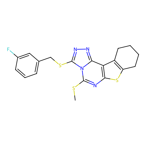 3-((3-fluorobenzyl)thio)-5-(methylthio)-8,9,10,11-tetrahydrobenzo[4,5]thieno[3,2-e][1,2,4]triazolo[4,3-c]pyrimidine structure