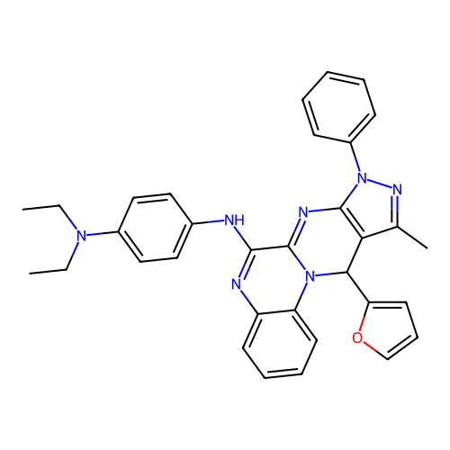N1,N1-diethyl-N4-(11-(furan-2-yl)-10-methyl-8-phenyl-8,11-dihydropyrazolo[3',4':4,5]pyrimido[1,2-a]quinoxalin-6-yl)benzene-1,4-diamine structure