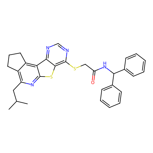 N-(diphenylmethyl)-2-{[4-(2-methylpropyl)-2,3-dihydro-1H-cyclopenta[4',5']pyrido[3',2':4,5]thieno[3,2-d]pyrimidin-7-yl]sulfanyl}acetamide structure