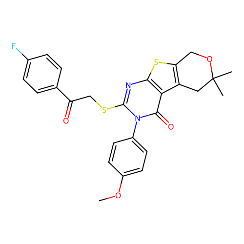 2-((2-(4-fluorophenyl)-2-oxoethyl)thio)-3-(4-methoxyphenyl)-6,6-dimethyl-5,6-dihydro-3H-pyrano[4',3':4,5]thieno[2,3-d]pyrimidin-4(8H)-one structure