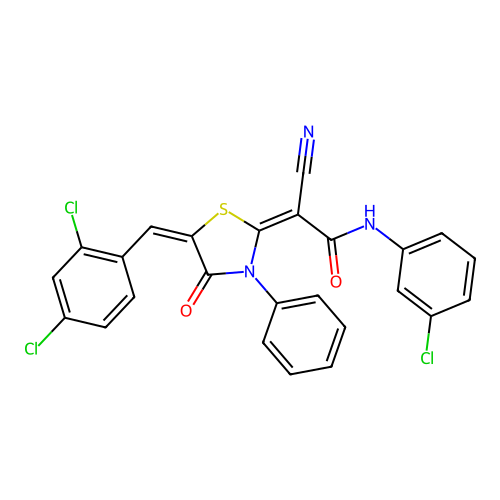(E)-N-(3-chlorophenyl)-2-cyano-2-((E)-5-(2,4-dichlorobenzylidene)-4-oxo-3-phenylthiazolidin-2-ylidene)acetamide structure