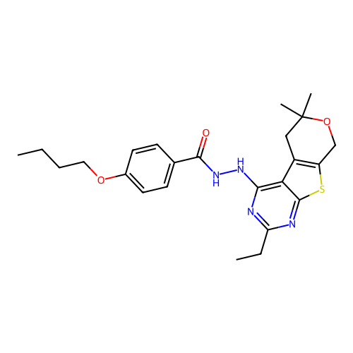 4-butoxy-N'-(2-ethyl-6,6-dimethyl-5,8-dihydro-6H-pyrano[4',3':4,5]thieno[2,3-d]pyrimidin-4-yl)benzohydrazide structure
