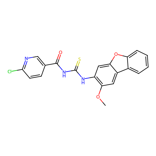 6-chloro-N-((2-methoxydibenzo[b,d]furan-3-yl)carbamothioyl)nicotinamide structure