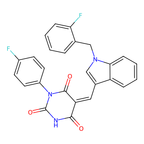 (5Z)-1-(4-fluorophenyl)-5-[[1-[(2-fluorophenyl)methyl]indol-3-yl]methylidene]-1,3-diazinane-2,4,6-trione structure