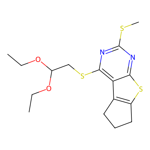 4-((2,2-diethoxyethyl)thio)-2-(methylthio)-6,7-dihydro-5H-cyclopenta[4,5]thieno[2,3-d]pyrimidine structure