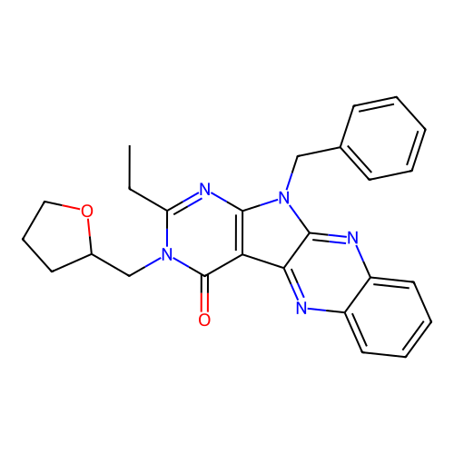 11-benzyl-2-ethyl-3-((tetrahydrofuran-2-yl)methyl)-3H-pyrimido[5',4':4,5]pyrrolo[2,3-b]quinoxalin-4(11H)-one structure
