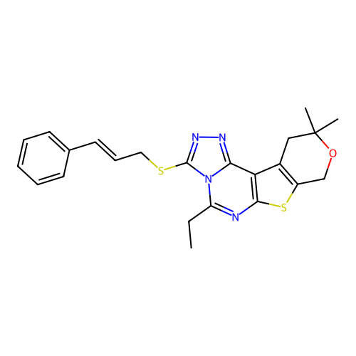 3-(cinnamylthio)-5-ethyl-10,10-dimethyl-10,11-dihydro-8H-pyrano[4',3':4,5]thieno[3,2-e][1,2,4]triazolo[4,3-c]pyrimidine structure