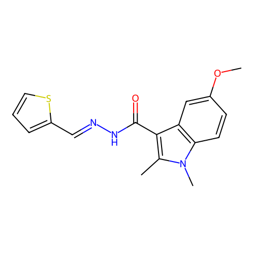 5-methoxy-1,2-dimethyl-N'-(thiophen-2-ylmethylene)-1H-indole-3-carbohydrazide structure