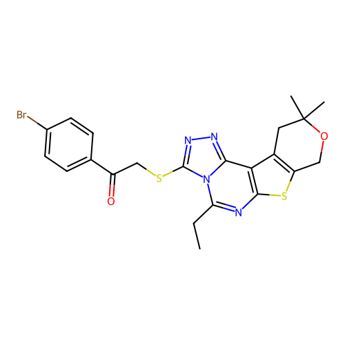 1-(4-bromophenyl)-2-((5-ethyl-10,10-dimethyl-10,11-dihydro-8H-pyrano[4',3':4,5]thieno[3,2-e][1,2,4]triazolo[4,3-c]pyrimidin-3-yl)thio)ethanone structure