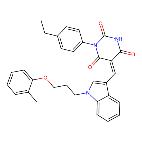(5Z)-1-(4-ethylphenyl)-5-({1-[3-(2-methylphenoxy)propyl]-1H-indol-3-yl}methylidene)pyrimidine-2,4,6(1H,3H,5H)-trione structure