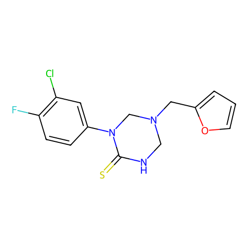 1-(3-Chloro-4-fluorophenyl)-5-(furan-2-ylmethyl)-1,3,5-triazinane-2-thione structure