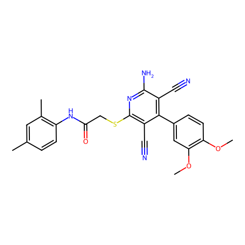 2-((6-amino-3,5-dicyano-4-(3,4-dimethoxyphenyl)pyridin-2-yl)thio)-N-(2,4-dimethylphenyl)acetamide structure