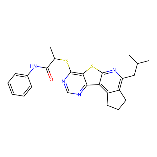 2-((4-isobutyl-2,3-dihydro-1H-cyclopenta[4',5']pyrido[3',2':4,5]thieno[3,2-d]pyrimidin-7-yl)thio)-N-phenylpropanamide structure