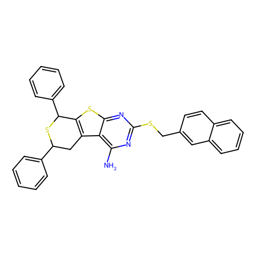 2-((naphthalen-2-ylmethyl)thio)-6,8-diphenyl-6,8-dihydro-5H-thiopyrano[4',3':4,5]thieno[2,3-d]pyrimidin-4-amine structure