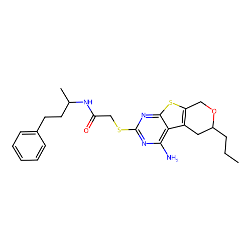 2-((4-amino-6-propyl-6,8-dihydro-5H-pyrano[4',3':4,5]thieno[2,3-d]pyrimidin-2-yl)thio)-N-(4-phenylbutan-2-yl)acetamide structure
