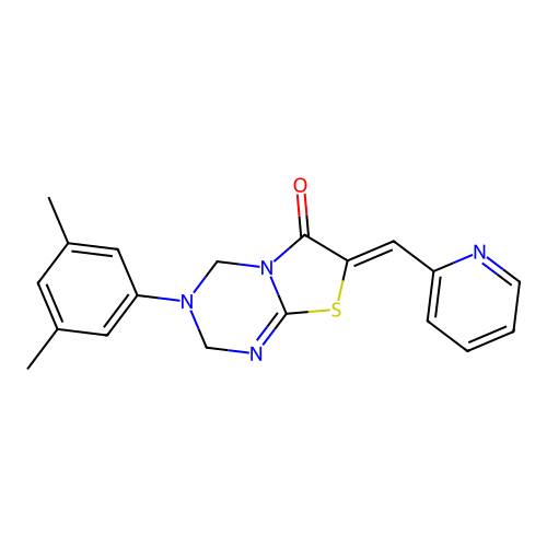 (7Z)-3-(3,5-dimethylphenyl)-7-(pyridin-2-ylmethylidene)-2,4-dihydro-[1,3]thiazolo[3,2-a][1,3,5]triazin-6-one structure