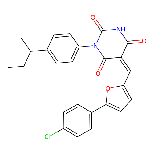 (5Z)-1-(4-butan-2-ylphenyl)-5-[[5-(4-chlorophenyl)furan-2-yl]methylidene]-1,3-diazinane-2,4,6-trione structure